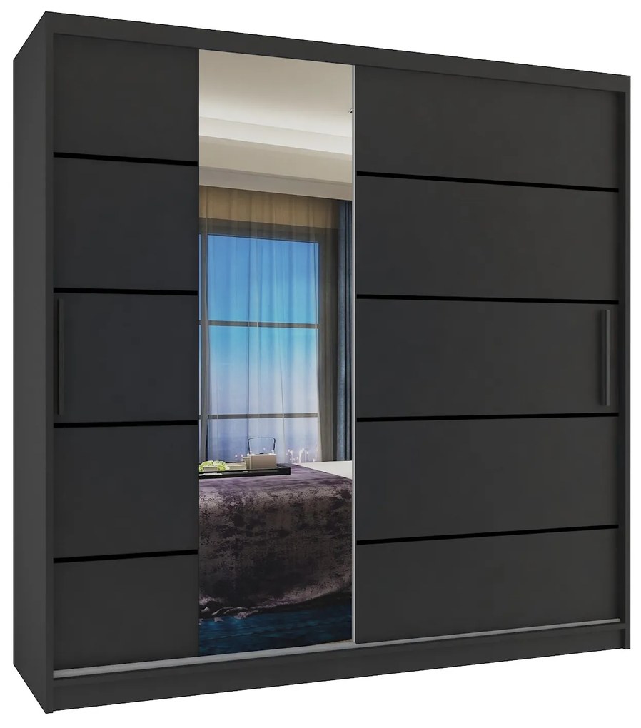 Šatníková skriňa 200 cm Belini čierny mat s posuvnými dverami zrkadlom a zásuvkami MBP SZP5/1/B/B/0/KLP