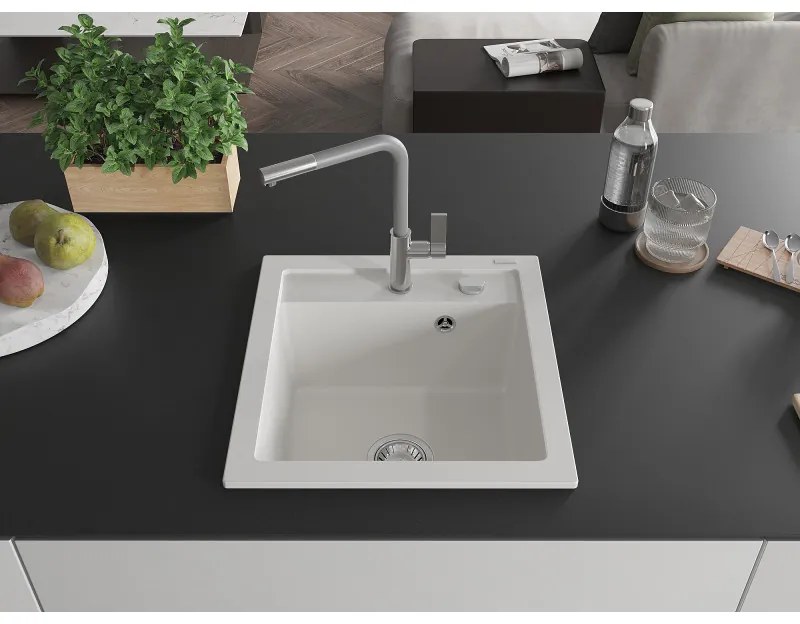 Mexen Vito, 1-komorový granitový drez 490x520x210 mm a drezová batéria Flora, biela, 6503-20-670401-06
