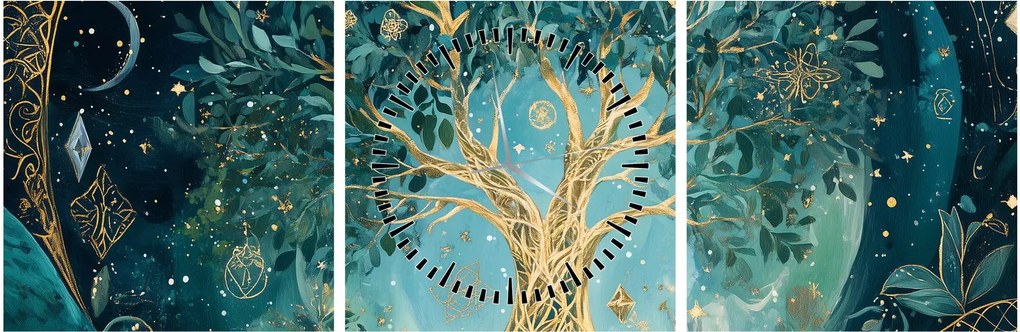 Obraz – Strom života vo vesmíre (s hodinami) (90x30 cm)