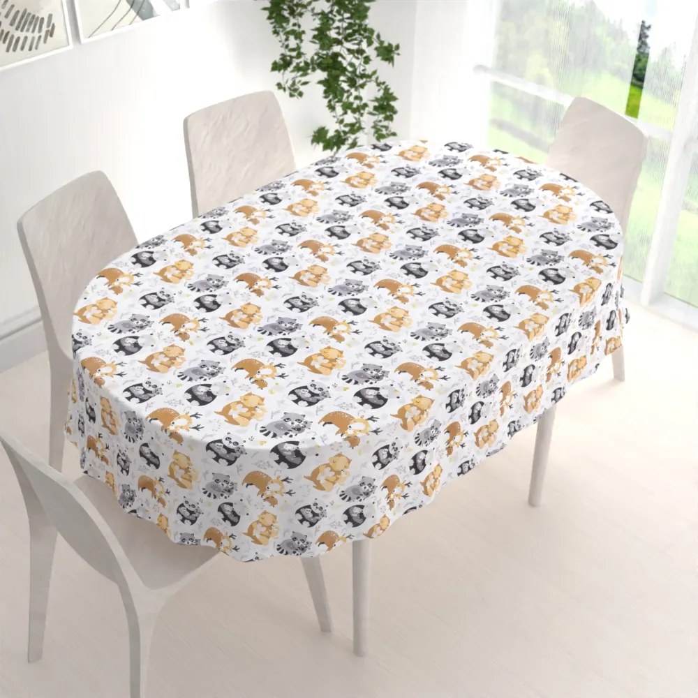 Biante Detský bavlnený oválny obrus Sandra SA-223 Zvieratká s mláďátkami 120x200 cm