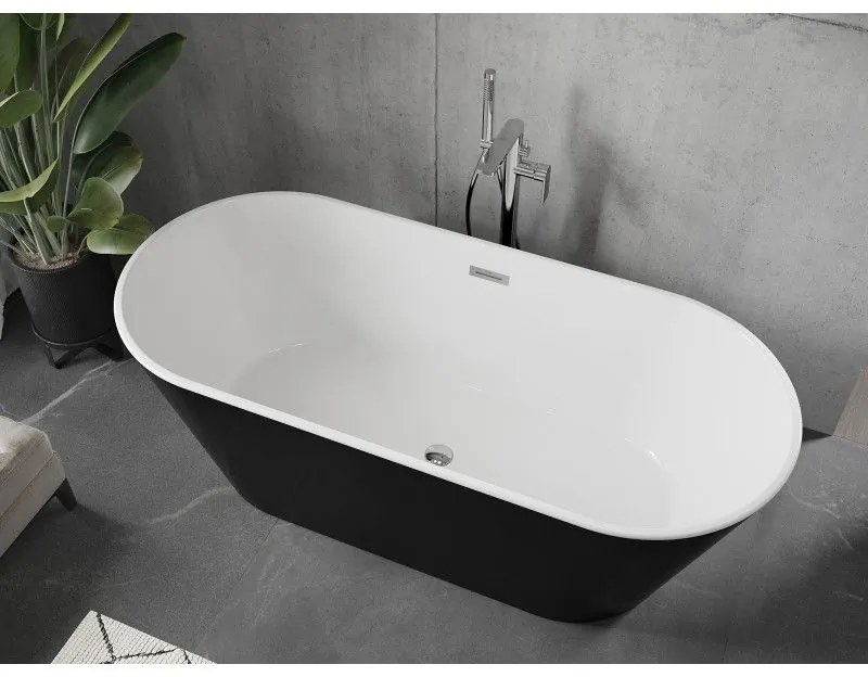 Mexen Flavia, voľne stojaca vaňa 150 x 75 cm, biela-čierna, chrómový prepad, 54031507575-01