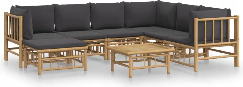 vidaXL 8-dielna sada záhradného nábytku, tmavošedé vankúše, bambus