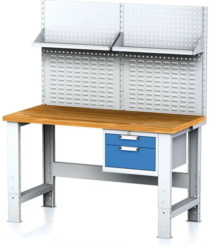 Alfa 3 Nastaviteľný dielenský stôl MECHANIC I, závesný box na náradie, nadstavba, polica, 2 zásuvky, 1500x685x700-1055 mm, modré