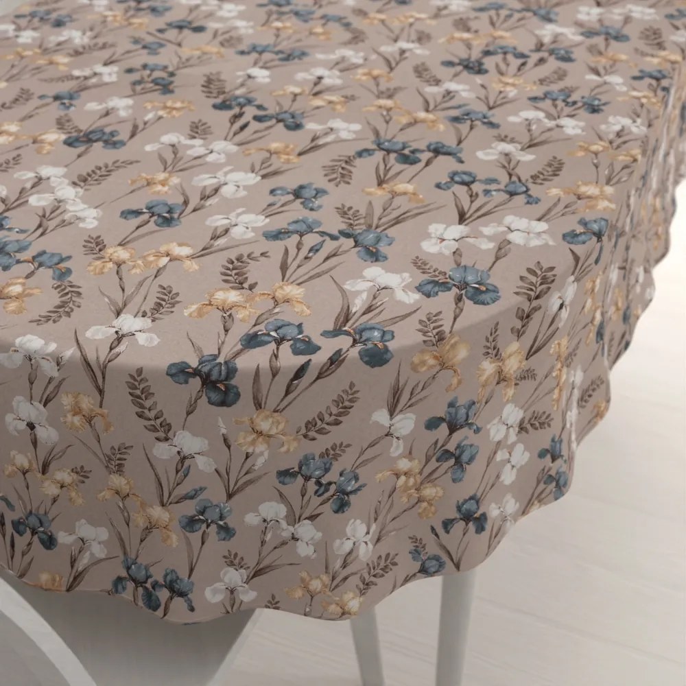 Biante Bavlnený oválny obrus Sandra SA-637 Modro-béžovo-biele kosatce na sivobéžovom 140x220 cm