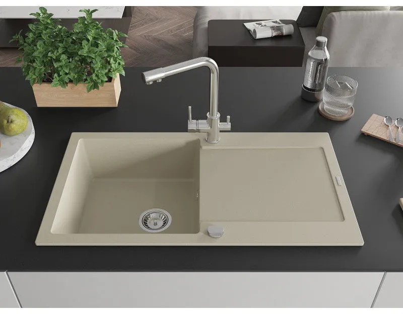Mexen Leo, drez granitový 900x500x190 mm, 1-komorový a chrómová batéria Duero, béžová, 6501-69-671600-00