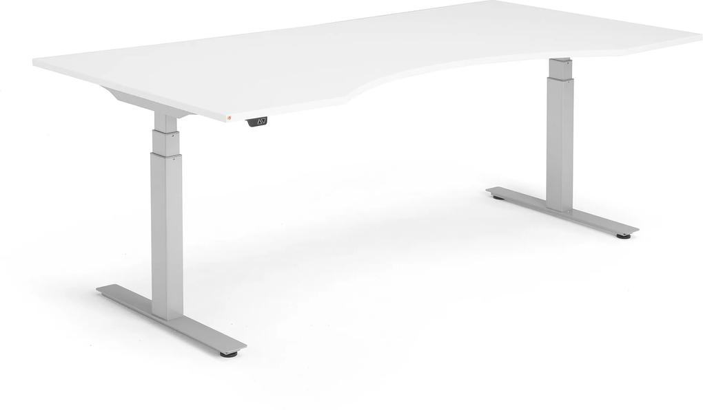 Výškovo nastaviteľný stôl Modulus, vykrojený, 2000x1000 mm, biela/strieb.