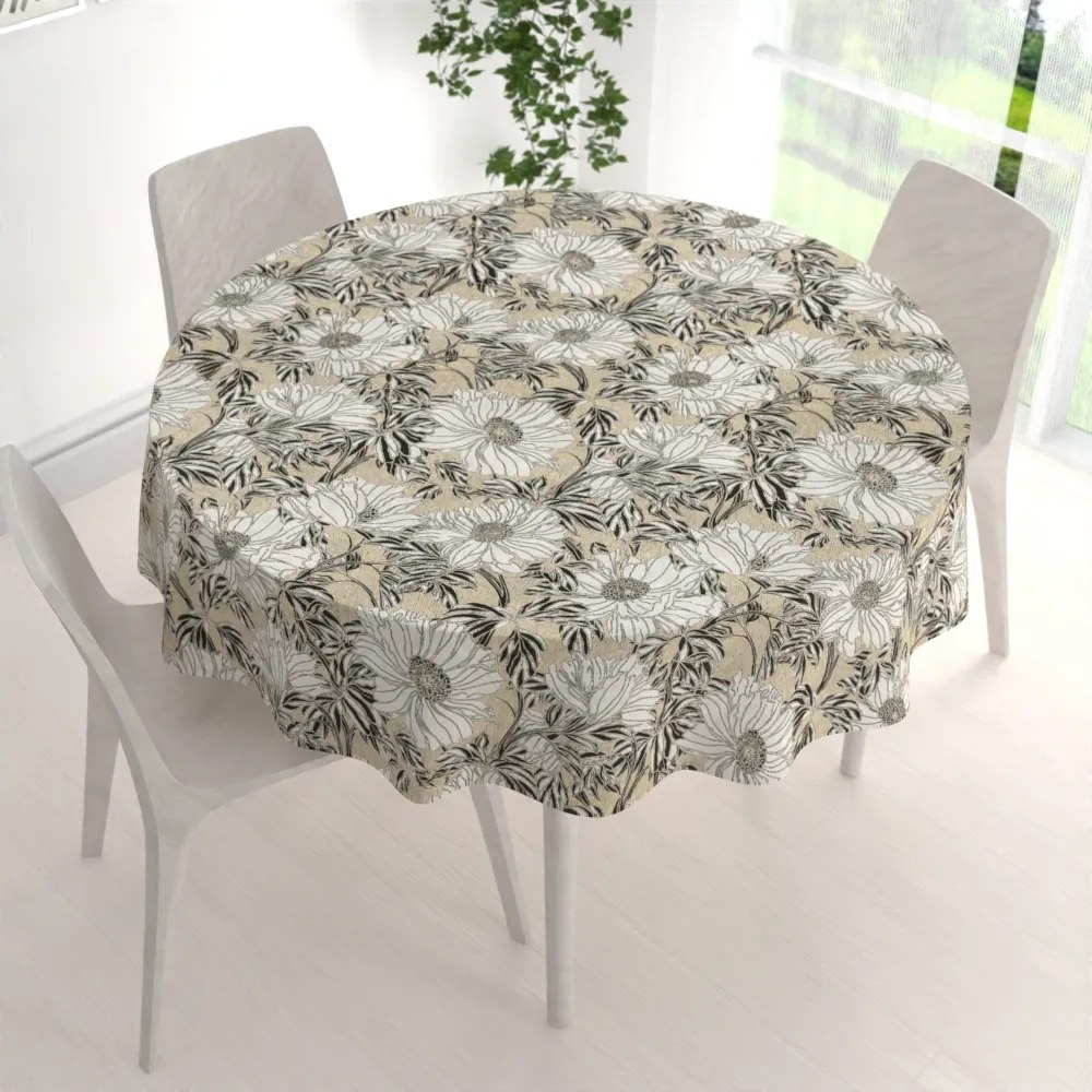 Biante Dekoračný okrúhly obrus PML-089 Biele kvety na béžovom Ø 60 cm