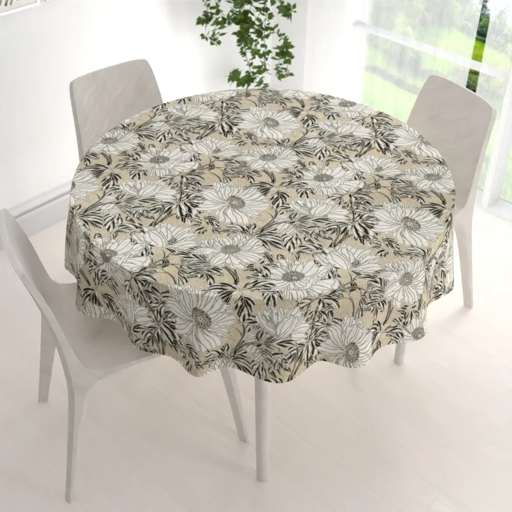 Biante Dekoračný okrúhly obrus PML-089 Biele kvety na béžovom Ø 90 cm