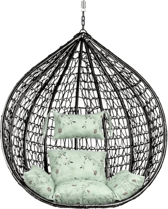 Čierne závesné kreslo KOKON bez stojanu, svetlozelený vankúš so vzorom