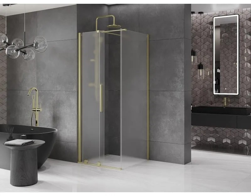 Mexen Velar, sprchový kút s posuvnými dverami 90 x 90 cm, 8mm sklo námraza, zlatá matná, 871-090-090-31-55