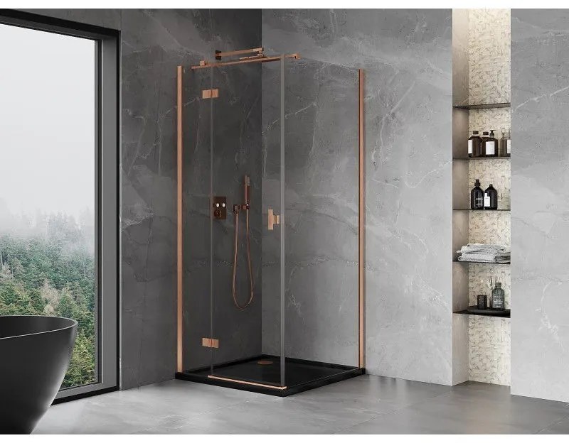 Mexen Mist H T, sprchový kút s výklopnými dverami ľavý 85 x 85 cm, číre sklo, medená matná, 8A5T-085-085-65-00-L