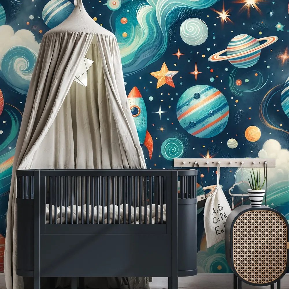 Tapeta farebný vesmír s raketou