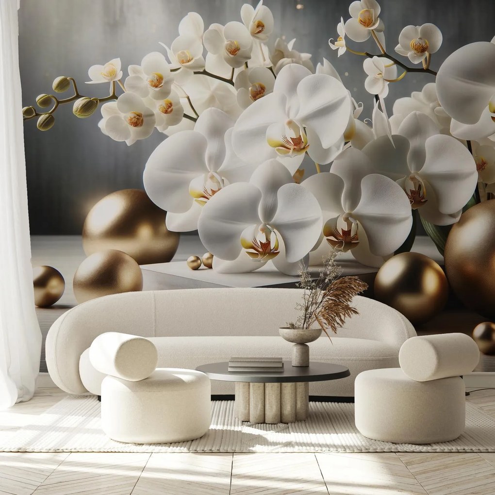 Fototapeta - Orchidea a zlaté gule (147x102 cm)