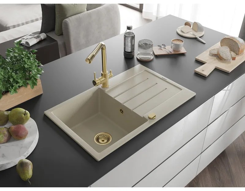 Mexen Bruno, 1-komorový granitový drez s odkvapkávačom 795x495x200 mm a zlatá batéria Duero, béžová, 6513-69-671600-50