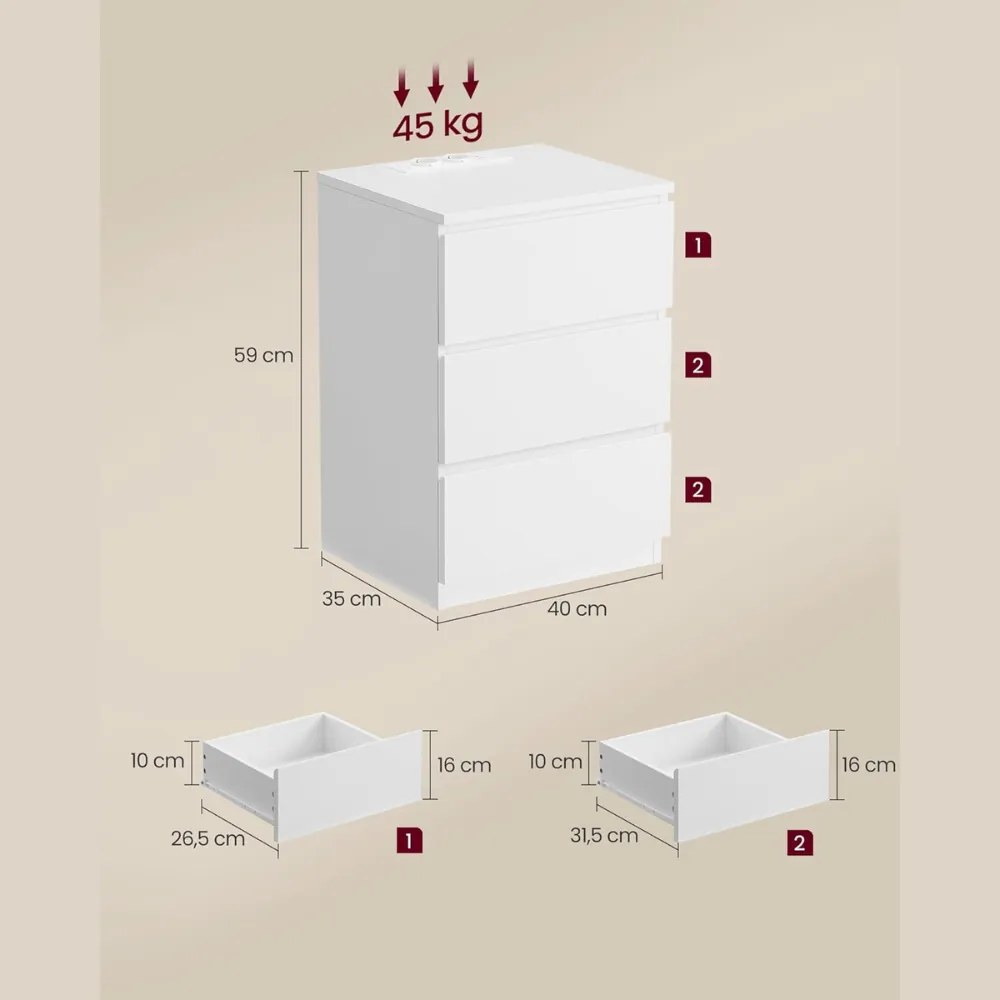 Nočný stolík s funkciou nabíjania ZION, 35x40x59cm, biela Vasagle