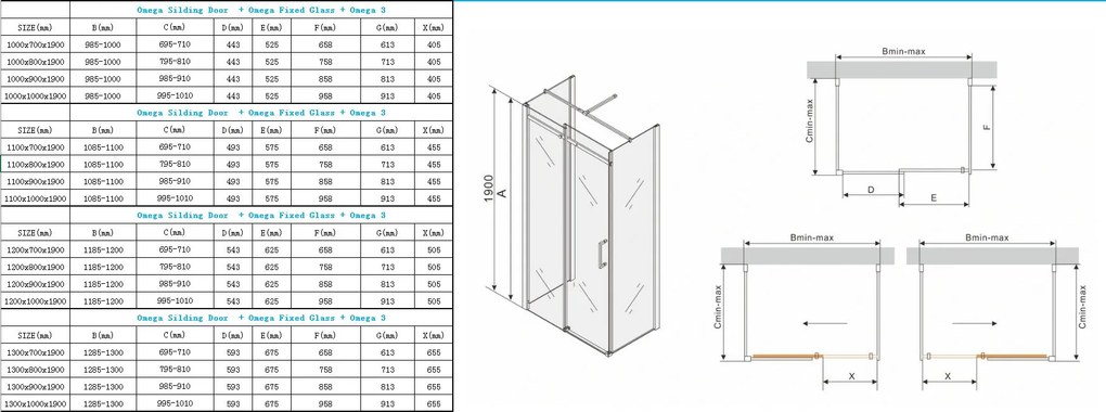 Mexen Omega, 3-stenný sprchovací kút s posuvnými dverami 150 (dvere) x 80 (stena) cm, 8mm číre sklo, chrómový profil, 825-150-080-03-00