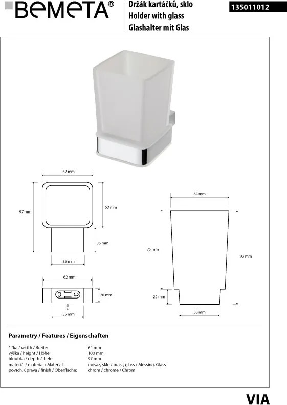 Bemeta Design VIA: Držiak kefiek, sklo - 135011012