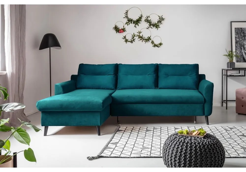 Tyrkysovomodrá zamatová rozkladacia rohová pohovka Miuform Stylish Stan, ľavý roh