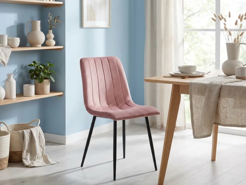 Ružová zamatová stolička LAVA s čiernymi nohami