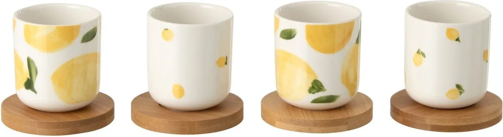 Súprava 4 keramických kalíškov s drevenými podtáckami Casa Limone - Ø 6*6,5 cm / 100 ml