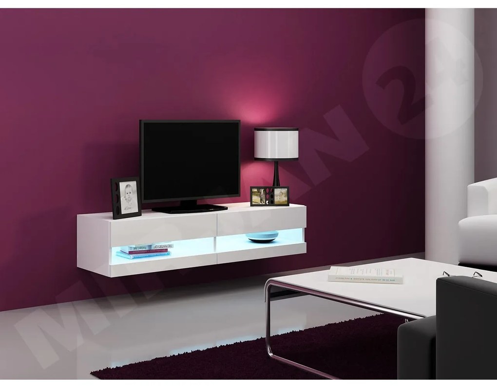 TV stolík Zigo New 140, Osvetlenie: osvetlenie LED modré, Farby: biela / biely lesk