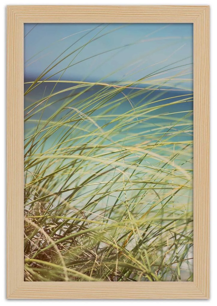 Gario Plagát Zelené trávy na pozadí mora Farba rámu: Čierna, Rozmery: 20 x 30 cm