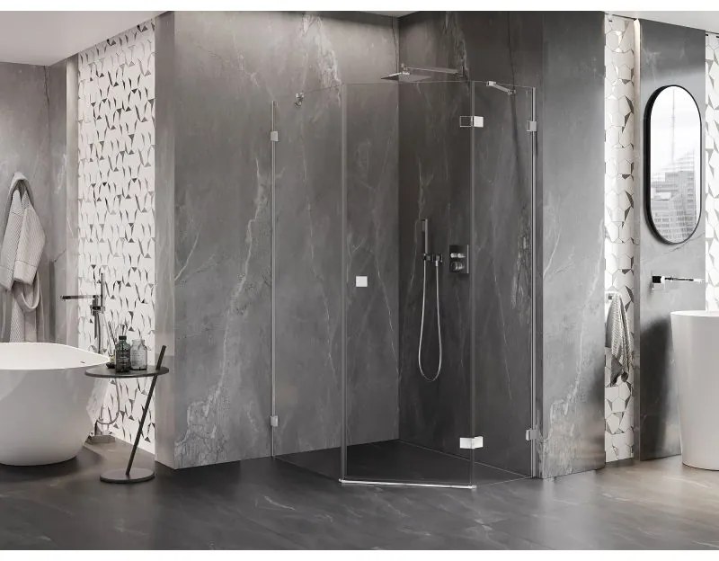 Mexen Lunar, päťuholníkový sprchový kút s pravým sklonom 80 x 90 cm, 8mm číre sklo, chrómový profil, 831-080P-090L-01-00-P