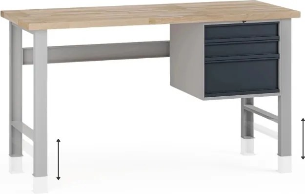 Výškovo nastaviteľný dielenský stôl G7, buková škárovka, 1700 x 685 x 840-1040 mm, 1x kontajner, 3 zásuvky, grafit
