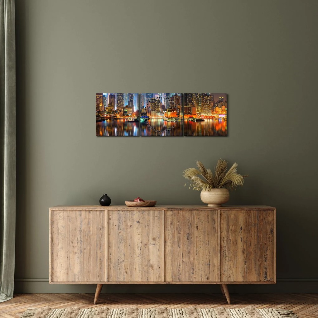 Obraz Manhattanu v noci (s hodinami) (90x30 cm)