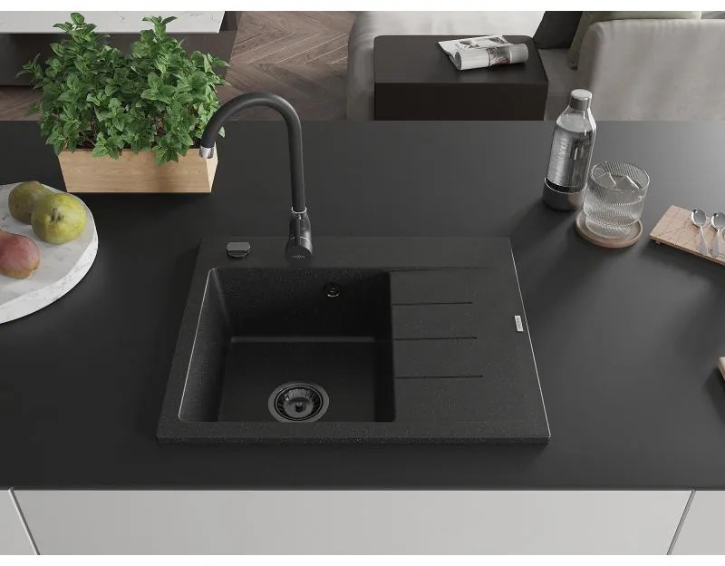 Mexen Ben, 1-komorový granitový drez 600x500x190 mm, ľavý + čierny sifón, čierna-strieborná metalíza, 6522605000-73-B