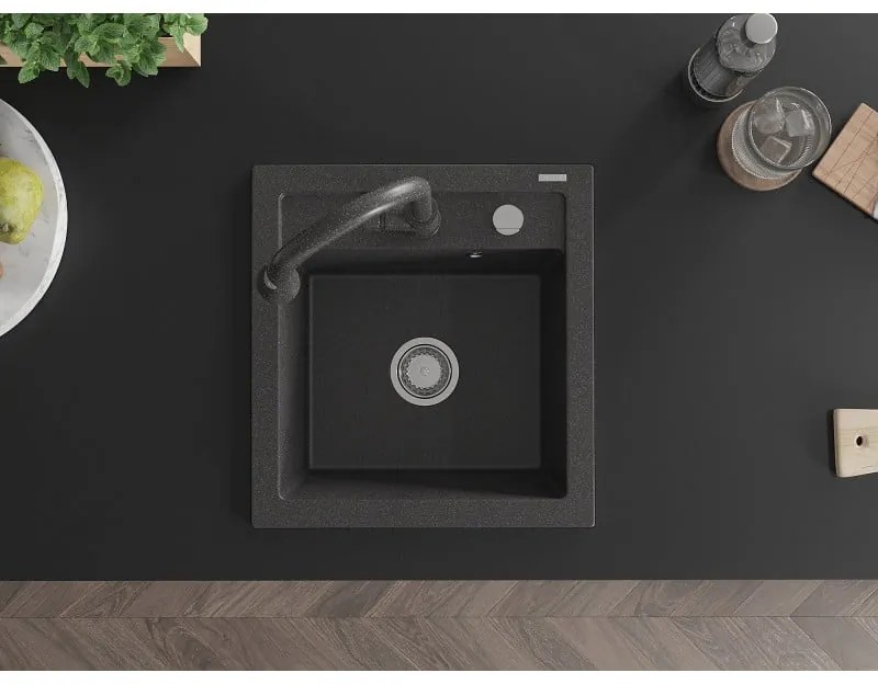 Mexen Vito, 1-komorový granitový drez 490x520x210 mm a drezová batéria Elia, čierna škvrnitá, 6503-76-670101-76