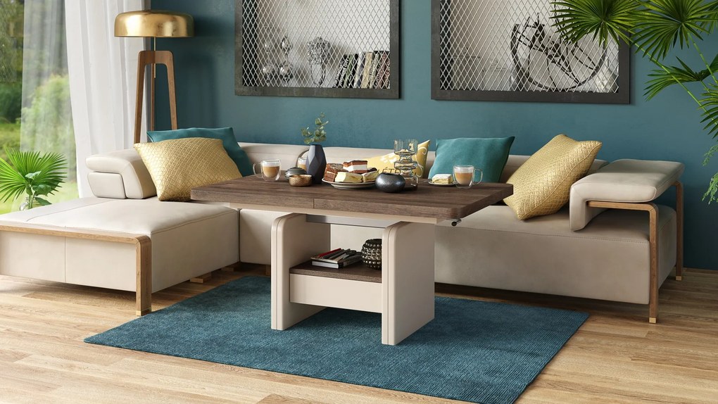 Konferenčný stolík LEXUS, rozkladací, s funkciou zdvíhania dosky, hnedý dub / béžový