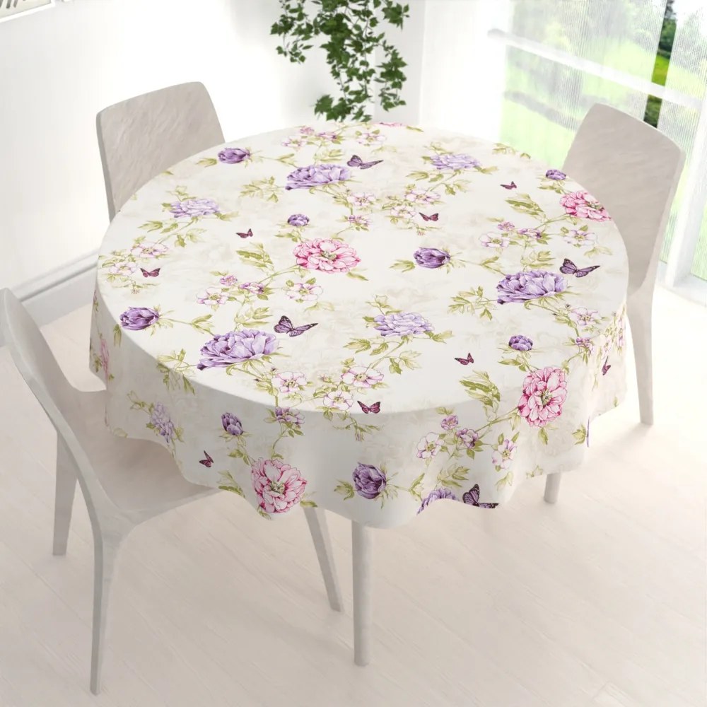 Biante Bavlnený okrúhly obrus Sandra SA-532 Fialové kvety s motýlikmi na svetlo krémovom Ø 70 cm