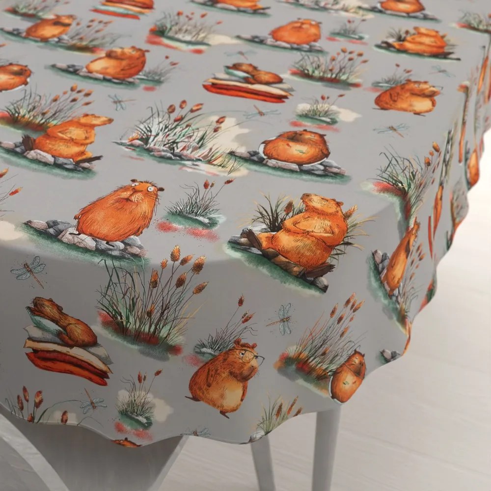 Biante Detský bavlnený oválny obrus Sandra SA-711 Kapybary na sivom 140x220 cm