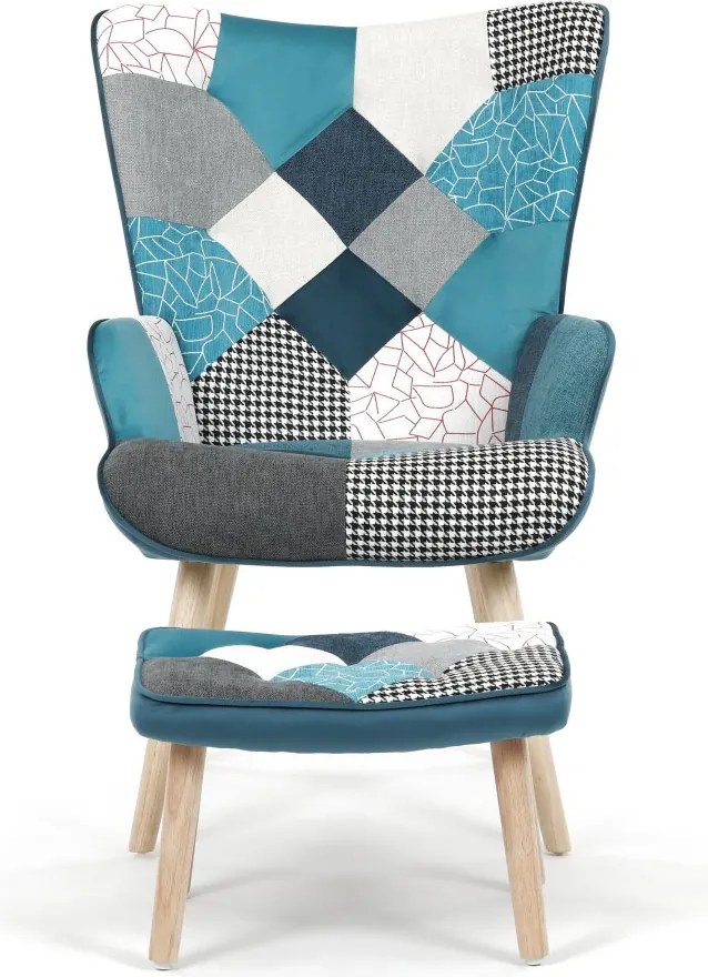 Relaxačné kreslo ušiak LISA + taburet — masív, látka, modrý patchwork