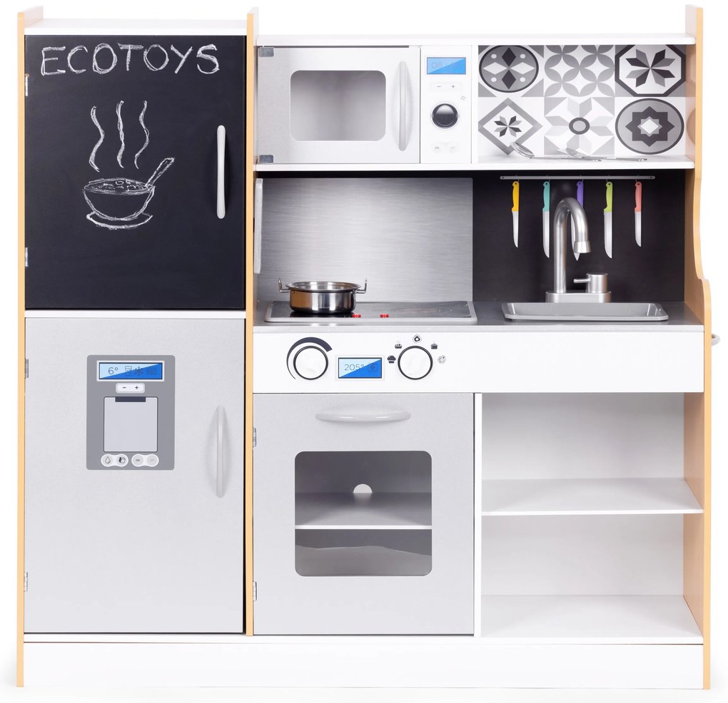 Detská kuchynka so zvukom a LED tabuľou kovové doplnky MDF +3 roky ECOTOYS
