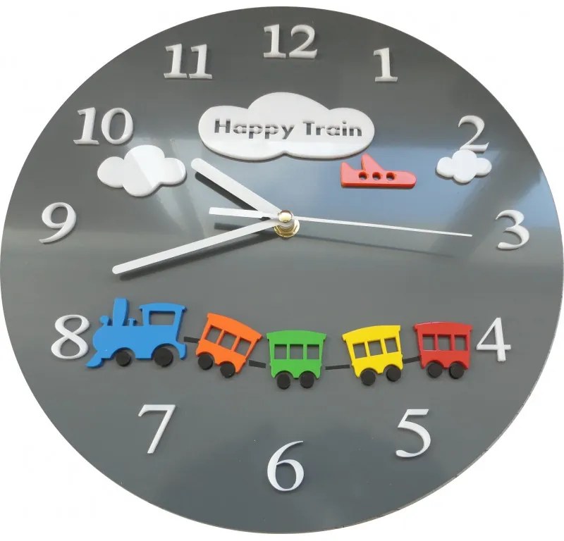 Nástenné hodiny pre deti vlak farby sivá OBLAK 3D HODINY FL-z97- X0052 -RAL7011 HEU+