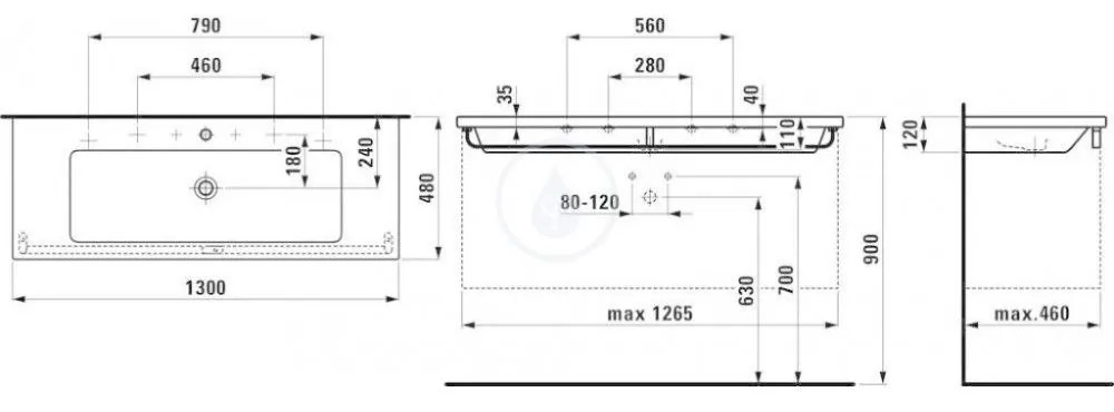 LAUFEN Living Dvojumývadlo do nábytku, 1300 mm x 480 mm, biela – 2 otvory na batériu H8164360001071