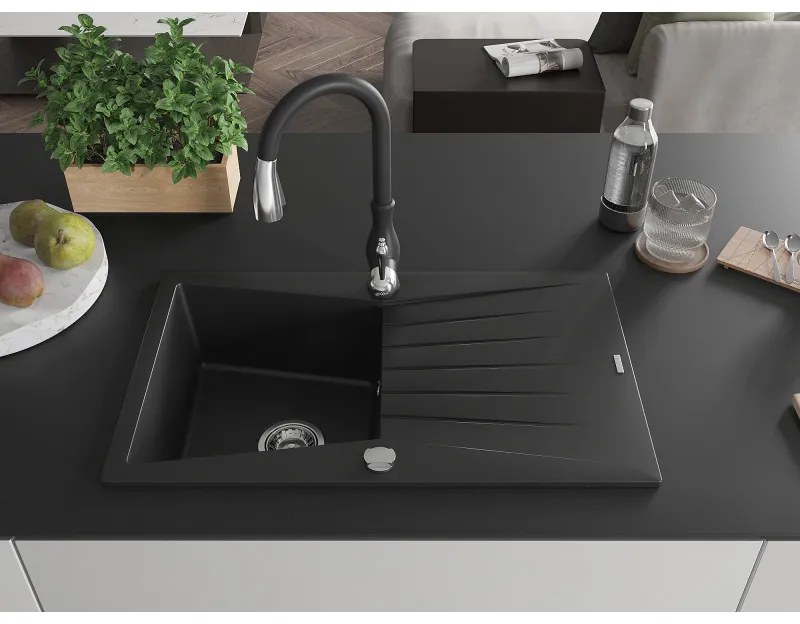 Mexen Cesar, 1-komorový granitový drez 775x470x190 mm a drezová batéria Savita, čierna, 6514-77-672601-70