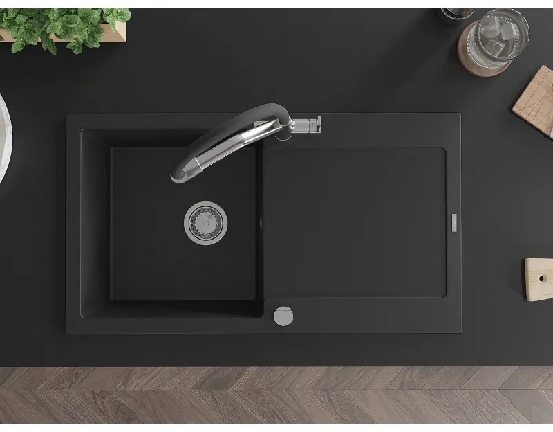 Mexen Leo, 1-komorový granitový drez 900x500x190 mm a drezová batéria Duo, čierna, 6501-77-671701-07