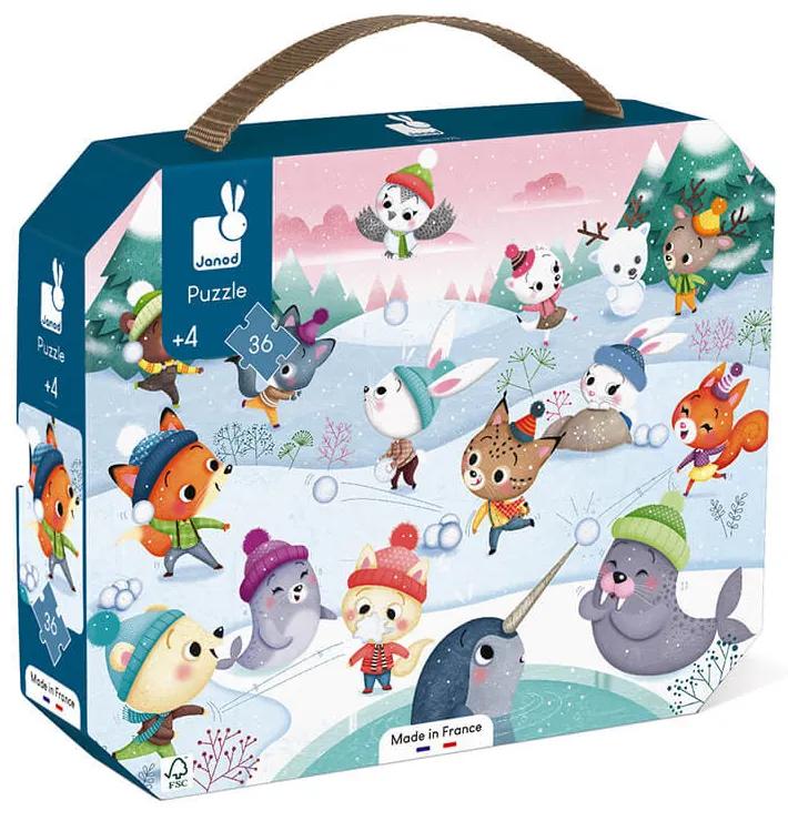 Puzzle pre deti Party na snehu Janod v kufríku 36 ks