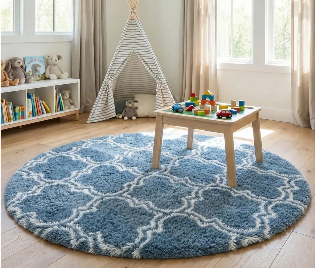 TZ Sivo-modrý okrúhly vzorovaný koberec shaggy Decor Latern Rozmer: 140 cm