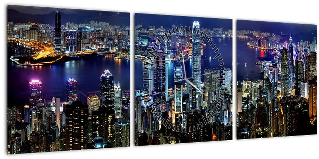 Obraz nočného mesta (s hodinami) (90x30 cm)