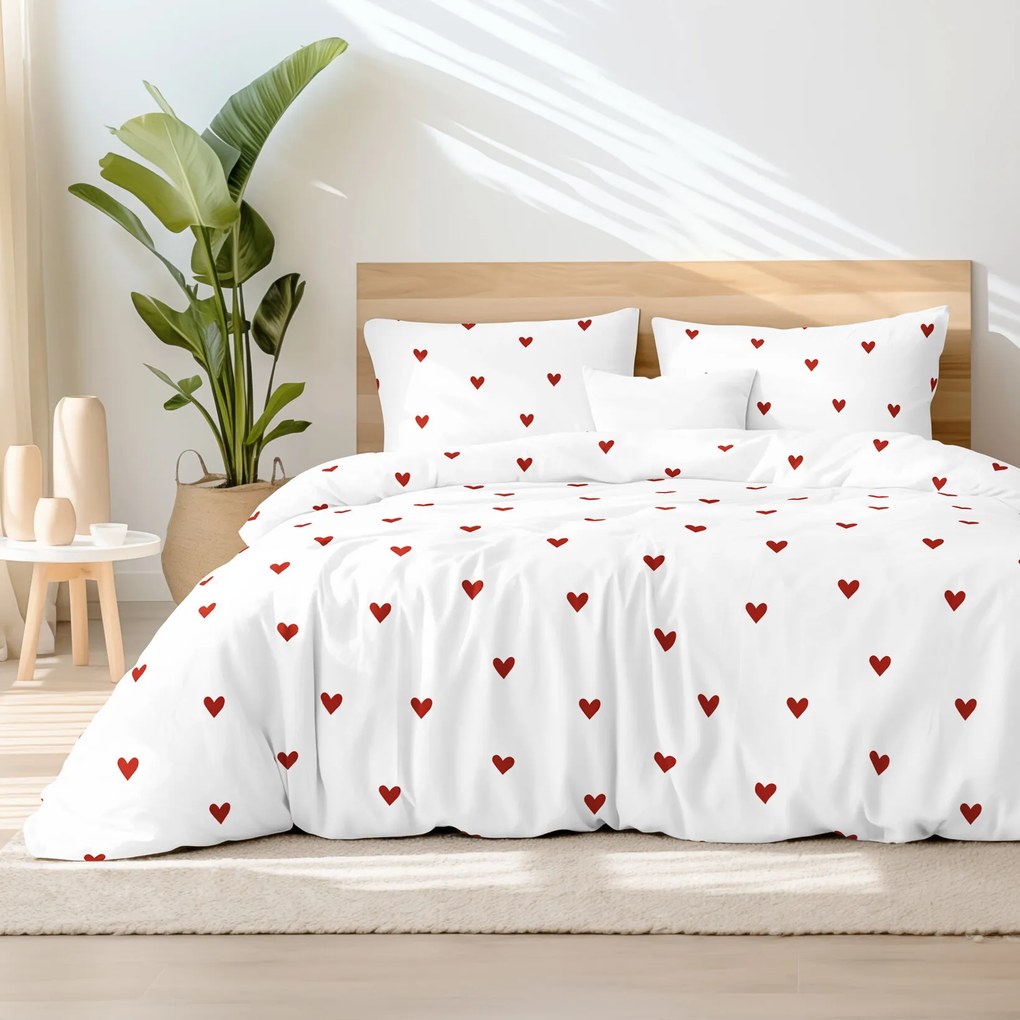 Goldea bavlnené posteľné obliečky - červené srdiečka na bielom 150 x 200 a 50 x 60 cm