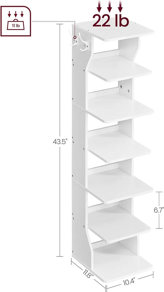 Úzky 6-úrovňový stojan na topánky, botník, s háčikmi, biely