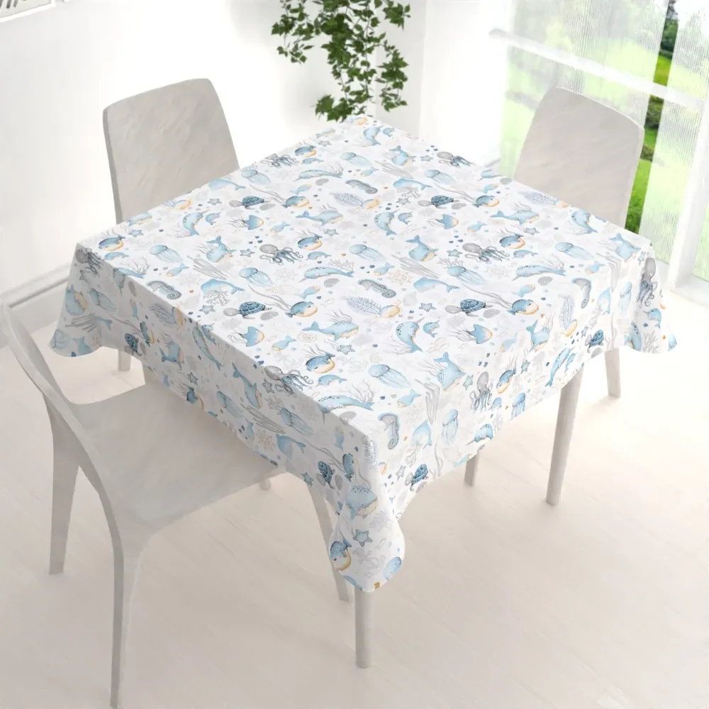 Biante Detský bavlnený štvorcový obrus Sandra SA-442 Morský svet modrý na bielom 150x150 cm
