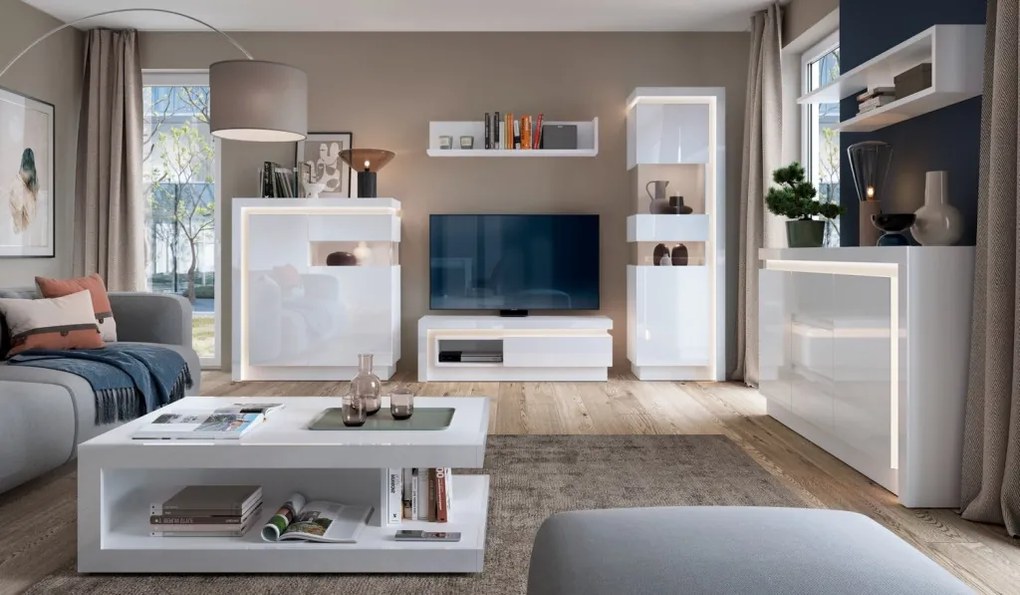 Vysoká vitrína Lyon, biela lesk, s osvetlením, ľavá