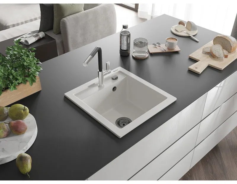 Mexen Vito, 1-komorový granitový drez 490x520x210 mm a drezová batéria Flora, biela, 6503-20-670401-07-B