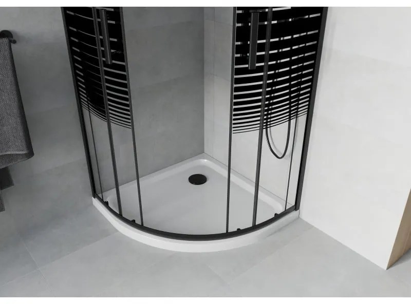 Mexen Rio, štvrťkruhový sprchovací kút s posuvnými dverami 90(dvere) x 90(dvere) x 190 cm, 6mm číre sklo s pásikmi, čierny profil + biela sprchová vanička Slim, 863-090-090-70-20-4110B