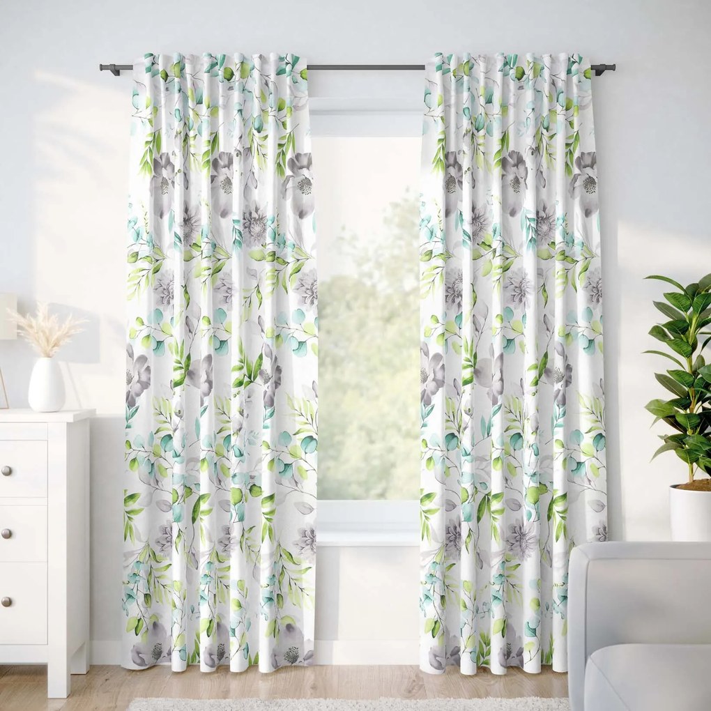 Goldea bavlnený záves deluxe - eukalyptus s kvety 220x160 cm